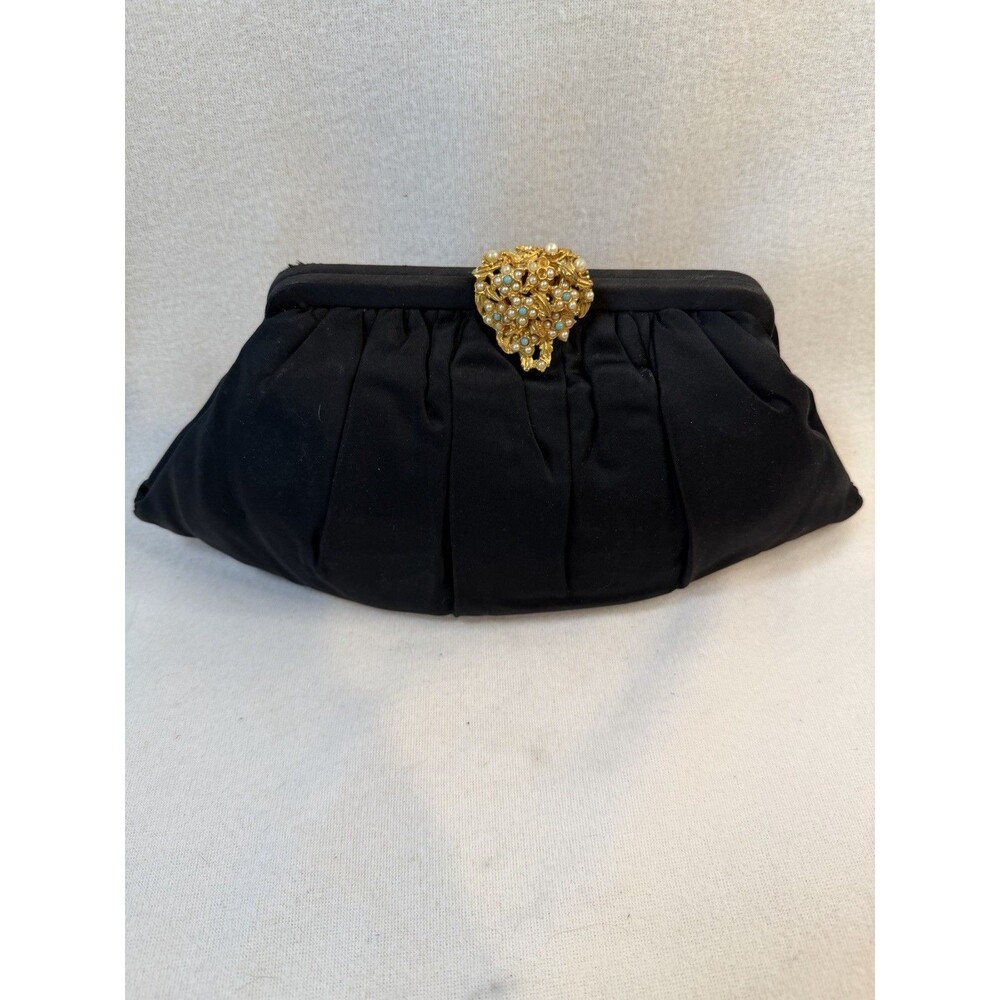 Vintage Black Satin Evening Clutch Purse Jeweled Kiss Lock Frame Formal Bag